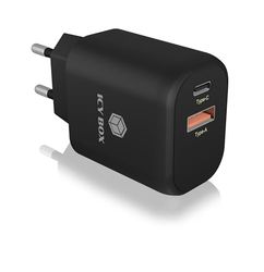 ICY BOX USB-C Charger 20W Dual Port Power Supply PD 3.0 & QC 3.0, Black