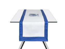 Excelsa Ocean Toalha de mesa Runner, algodão, cor branca e azul, 45 x 140