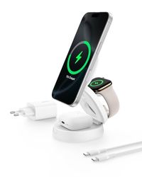 Belkin Station de Charge 3-en-1 Pliable (Compatible MagSafe, certifié Qi2, 15 W, pour iPhone 16, Apple Watch, AirPods, Base antidérapante, Adaptateur Secteur 36 W Inclus, Blanc)