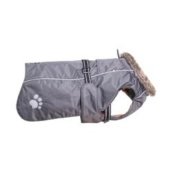 CHIARA Abrigo para perro con arnés (ropa de forro polar y cuello de piel sintética, abrigo cálido para perros, con tiras reflectantes en la espalda y correa, ajustable, talla L), color gris