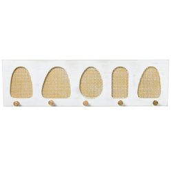 DRW Appendiabiti da parete in legno e vimini con 5 ganci bianco e naturale, 60 x 4 x 17 cm