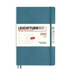 LEUCHTTURM1917 365919 Calendario semanal y cuaderno de tapa blanda (B6+) 2023, 12 meses, azul piedra, inglés