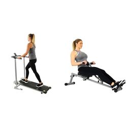 Sunny Health & Fitness SF-RW1205 12 Adjustable Resistance Rowing Machine Rower w/Digital Monitor + Foldable Manual Treadmill, Compact Cardio Fitness, Durable Non-Electric Incline Exercise