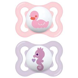 MAM Lot de 2 tétines avec bouclier ventilé, 2 à 6 mois, avec tétine symétrique, plate et flexible en silicone Skin Soft Silicone facilement acceptable, avec boîte auto-stérilisatrice, MAM Air, rose