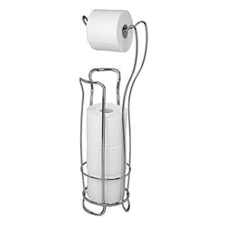 iDesign Portarrollos de pie, estrecho soporte de papel higiénico de metal con cesta para rollos de repuesto, dispensador de papel higiénico para 4 rollos, plateado