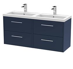Hudson Reed JNU2924C Juno Modern Bathroom Wall Hung 4 Soft Close Drawer Vanity Unit and Double Polymarble Basin, 1200mm, Midnight Blue