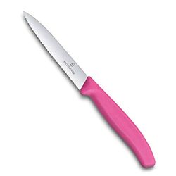 Victorinox Swiss Classic grönsakskniv med tandad kant, 10 cm blad, mittspets, diskmaskinssäker, rostfritt stål, rosa