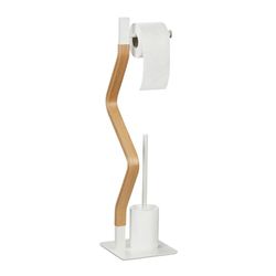 Relaxdays toiletaccessoires set, staande toiletrolhouder, wc-borstel met houder, HxBxD 76 x 20 x 20 cm, wit/natuur