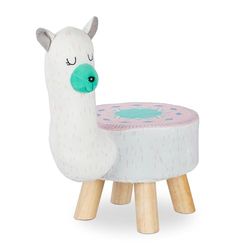 relaxdays, lama, tabouret d’animal, revêtement en peluche, siège d'enfants, motif animalier, blanc, MDF, polyester, mousse, 48 x 28 x 42 cm