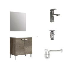 Baikal Pack solución Completa, Incluye: Mueble de Baño, Lavabo cerámico, Grifo, Sifón Extensible y Válvula de desagüe, Mueble MONTADO, Entrega Todo en uno, 2 Puertas con Espejo 80 cm Nebraska