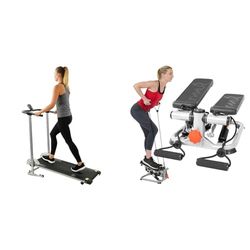 Sunny Health & Fitness Advanced Mini Home Steppers with Resistance Bands + Foldable Manual Treadmill, Compact Cardio Fitness, Durable Non-Electric Incline Exercise
