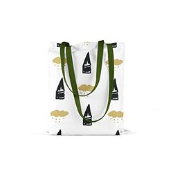 Bonamaison Printed Tote Bag, Reusable Grocery Bag, Shopping Bag, Machine Washable, Foldable, Canvas Cloth Bag with Green Handles, Size: 34x40 Cm