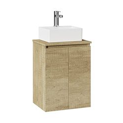 BAIKAL Mobile da bagno onice con fondo ridotto, mobile sospeso a parete con lavabo in ceramica su piano mobile montato senza specchio 45 cm fondo 36, 2 ante Nature