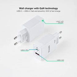 Cargador de Pared GAN 45W USB-C/PD y USB-A/QC, Ideal para Cargar Dispositivos móviles y electrónicos de Manera rápida y eficiente.