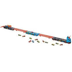 Hot Wheels Racebaanlanceerder opslagdrager met 3 auto's met een schaal van 1:64 en aanpasbare dragracebaan van 180 cm voor kinderen van 4 tot 8 jaar, opbergplek voor 20+ auto's GVG37