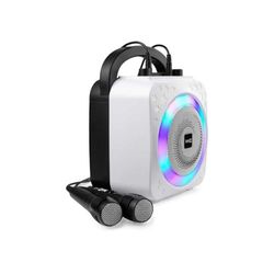 RockJam Máquina de karaoke Bluetooth recargable de 8 vatios con dos micrófonos, efectos de cambio de voz y luces LED, negra