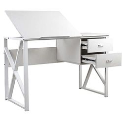 BAKAJI Bureau avec 2 tiroirs et Plateau inclinable Table de Travail Porte-PC Ordinateur Structure en métal et Plateau en Bois MDF décoration Maison Bureau 110 x 75 x 55 cm (Blanc)