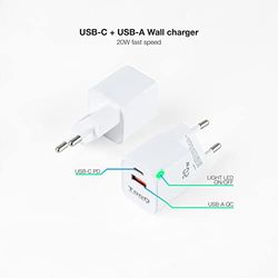 Cargador de Pared 20W USB-C/PD y USB-A/QC, Compacto y versátil, Ideal para Cargar Dispositivos móviles y electrónicos de Forma rápida.