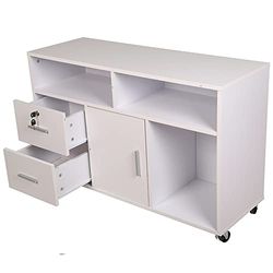 BAKAJI Multifunktionell träskrivarhållare med 3 hyllor, 2 lådor med nyckel och 1 förvaringsskåp med fack, kontorsskåp arkiv dokumenthållare med rörliga hjul, 100 x 35 x 65 cm (vit)