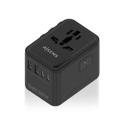 Adaptateur de Voyage Universel - 35 W, 2 x USB-A QC3.0, 2 x USB-C PD3.0, matériau résistant, Couleur Noire, idéal pour Charger Plusieurs appareils.