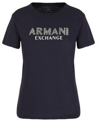 Armani Exchange Maglietta in Jersey di Cotone con Logo Rhinestone T-Shirt, Mirtillo, XXL Donna