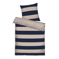 TOM TAILOR Renforcé-Bettwäsche, 60x80 cm + 140x200 cm, 100% Baumwolle/Renforcé, mit Wendemotiv und farbigem Markenreißverschluss, BOLD STRIPES Blau, Beige (Dark Navy, Sunny Sand)