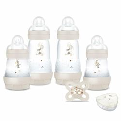 MAM - My Birth Box (6 produktów) Sable - 4 butelki Easy Start Anti-Colique + 1 smoczek dla narodzin + 1 pudełko na miarkę w prezencie - idealny prezent na narodziny z butelkami i ultra miękkim