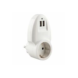 Adaptador 16A con doble USB, color blanco, ideal para cargar dispositivos móviles y electrónicos de forma rápida y eficiente.
