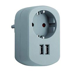 SIMON - Adattatore Combi, adattatore da viaggio con presa Schuko 16A e 2 prese USB, adattatore di corrente di ricarica da parete, ladro USB, colore grigio cenere