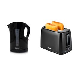 Geepas Electric Kettle & 2 Slice Bread Toaster Kitchen Combo Set | 2200W 1.7L Cordless Jug Kettle Boil Dry Protection & Auto Shut Off | 650W 6 Level with Browning Control & Crumb Tray | Black