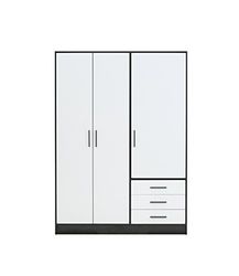 Forte Jupiter Armário 140 150, armário, armário de portas de batente, 3 portas, com 3 gavetas e prateleiras, preto branco, 145 cm de largura x 60 cm de profundidade x 200 cm de altura