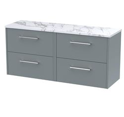 Hudson Reed JNU2324LCM2 Juno Modern Bathroom Wall Hung 4 Soft Close Drawer Vanity Unit and Carrera Marble Laminate Worktop, 1200mm, Coastal Grey