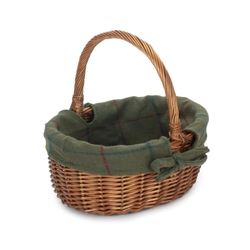 Double Steamed Oval Wicker Shopping Basket Green Tartan Lining