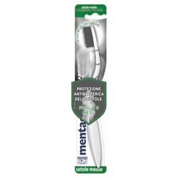 Mentadent Spazzolino P Antibatterico Carbone, Spazzolino Medio, con Setole Infuse di Ioni d'Argento e Carbone, Protezione Antibatterica delle Setole, Manico Tripla Angolazione