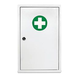 Reliance Medical Armoire de premiers secours murale en métal Sofia blanche pour ranger les fournitures dans 2 compartiments spacieux – contient un verrou de sécurité fourni avec un jeu de 2 clés.