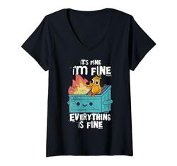 Mujer Contenedor de basura divertido It's Fine I'm Fine Everything Is Fine Dog Meme Camiseta Cuello V