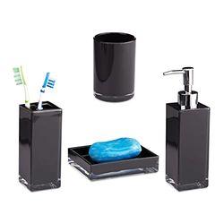 Relaxdays Bath Accessories 4-Piece Set, Toothbrush Holder, Tumbler, Soap Dispenser and Dish, Black, 19.5 x 5.5 x 5.5