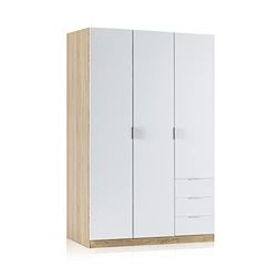 Armadio con tre ante e tre cassetti, finitura rovere canadese/bianco, dimensioni 121 cm (L) x 180 cm (A) x 52 cm (P)