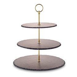 ECHTWERK Etagère/plateau de service pour pâtisseries, fruits, fromages et desserts en ardoise naturelle avec 3 niveaux et poignée métallique, édition or, Ø ardoise env. 20/25/ 30 cm, faïence