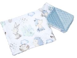 Medi Partners Couverture bébé avec Oreiller 100% Coton Minky Couverture Enfant 55x75 + 35x30cm Multifonctionnel pour Poussette siège bébé Berceau (Cerf et hérisson avec Minky Bleu Clair)