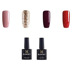 Bluesky Gel Nail Polish, Timeless Set, Pink, Red, Gold, Base Coat, No Wipe Top Coat (Requires Curing Under Uv/Led Lamp), 10 ml