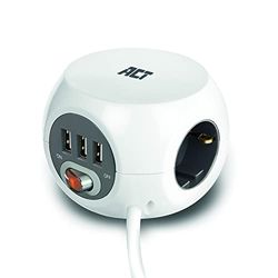 ACT uttagskub med USB, 3-vägs grenuttag USB, USB-A 3-port, med strömbrytare, flera uttag kub kabellängd 3 m – AC2410