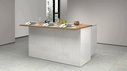 Isola da cucina Patrizio, Armadio multiuso, Mobile per cucinotto, Tavolo ausiliario, 100% Made in Italy, 155x90h90 cm, Bianco lucido e Rovere