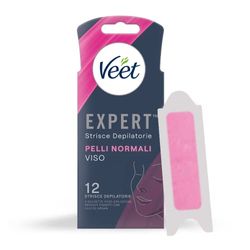 Veet Expert Strice Depilatorie Viso, Ceretta per Pelli Normali con Burro di Karitè, Dermatologicamente Testate, 12 Strisce (6x2 Strisce) + 2 Salviette Post-Epilazione con Olio D'Argan