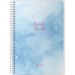 Q Kalon - School Planner 2025 2026 - Week to View, A5 Size (15x21 cm), Spanish and English, September to June, Spiral Binding, Flexible Cover with Protective Plastic - Sky