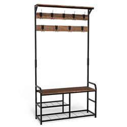 VOUNOT® Perchero de Pie con Zapatero, Perchero de Entrada Recibidor con Banco 3 Estantes 9 Ganchos, Colgador para Zapatos Ropas de Madera Estilo Industrial 185x85x33cm