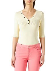 Morgan Pull Col V AJOURE Poitrine ET Bouton 221-MJUN Fino Jauge-MC, Amarillo Paja, L para Mujer