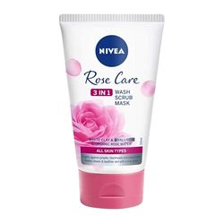 NIVEA Rose Care 3 in 1 Wash, Scrub, and Mask (150ml), All in One Face Scrub, Face Wash and Face Mask with Mineral Clay, Hyaluronic Acid and Organic Rose Water