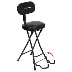 Gator Frameworks gitarrsäte med vadderad kudde, ergonomiskt ryggstöd och utfällbart gitarrstativ; rymmer både akustiska och elektriska gitarrer (GFW-GTR-SEAT)