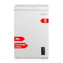 Nilson Congelatore orizzontale bianco NCH1000EDC. Capacità 99 litri, Dual Cooling, 4 Star, Modalità Super Congelamento, Tecnologia Ciclico, Porta Pieghevole, 1 Cestino, Basso Livello Sonoro